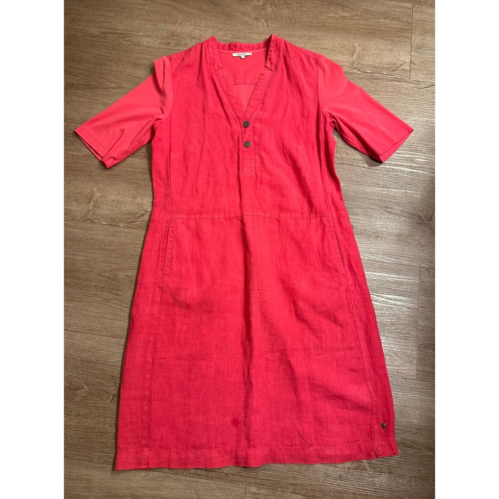 Sandwich_ Coral Pink 100% Linen Short Sleeve Shift Dress Side Pockets Size 36